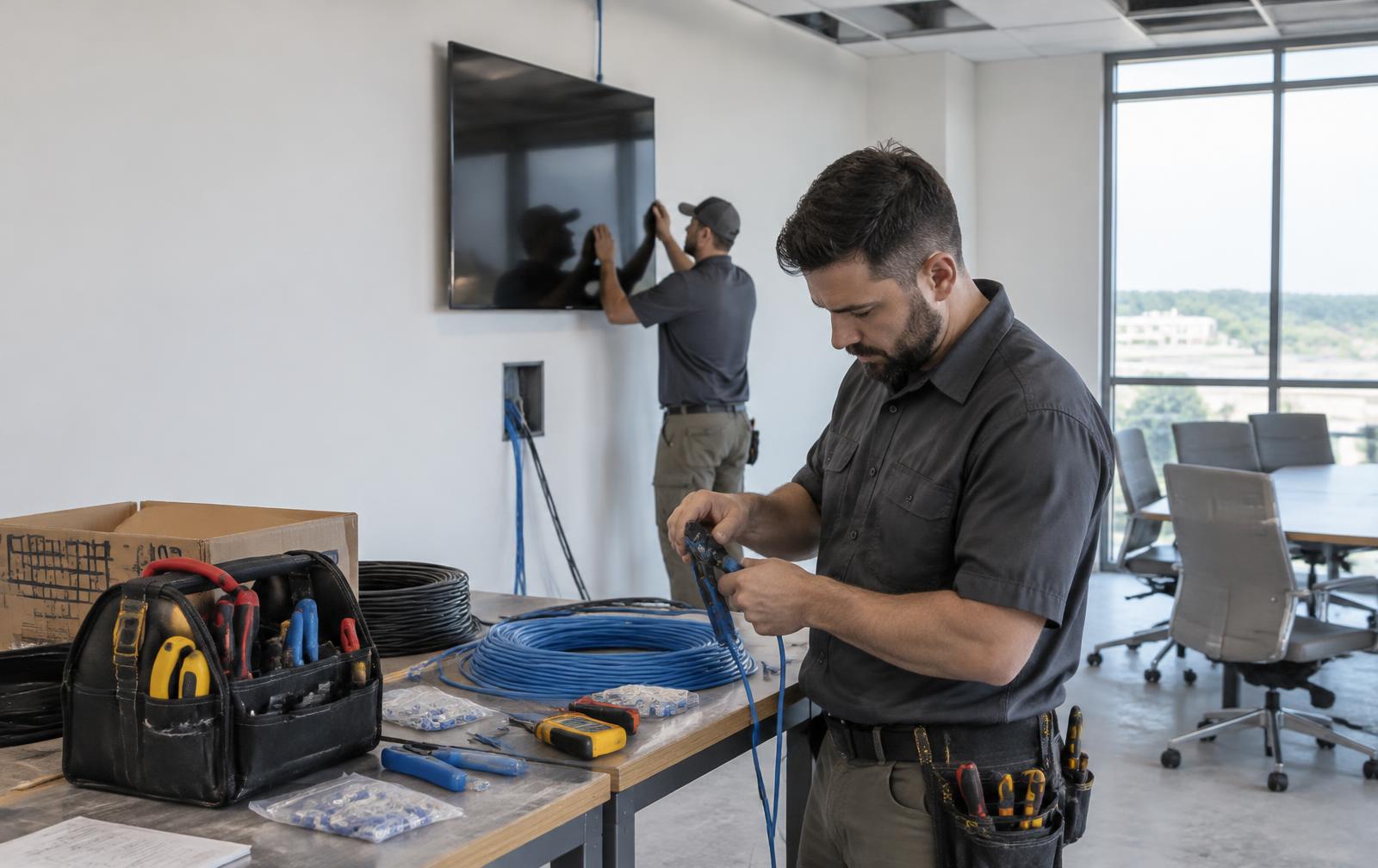Illustrative AV technicians terminating cables and mounting a commercial display